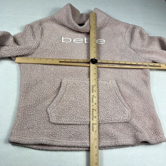 Bebe Logo Sherpa Sweater Pink Cozy Soft Casual Logo Plush Y2K Pullover MEDIUM - Picture 5 of 10